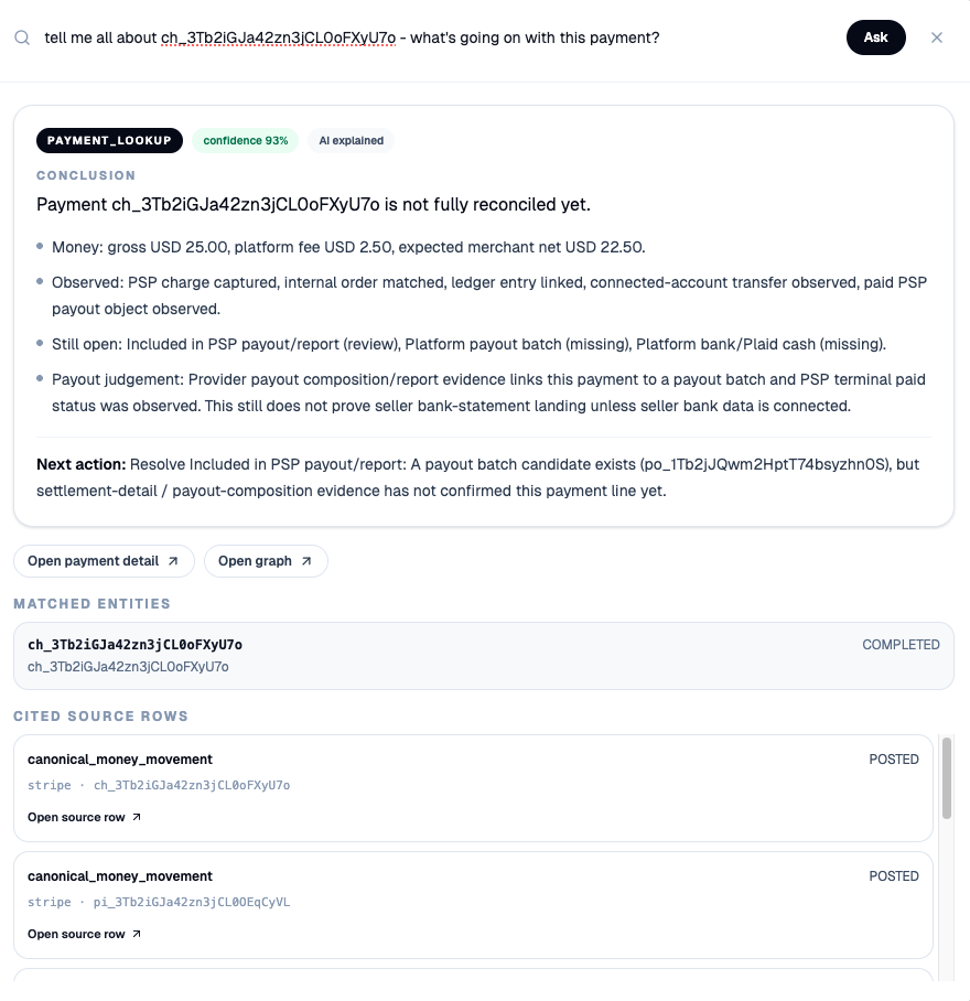 Artemis AI-native payment lookup with cited source rows and next action