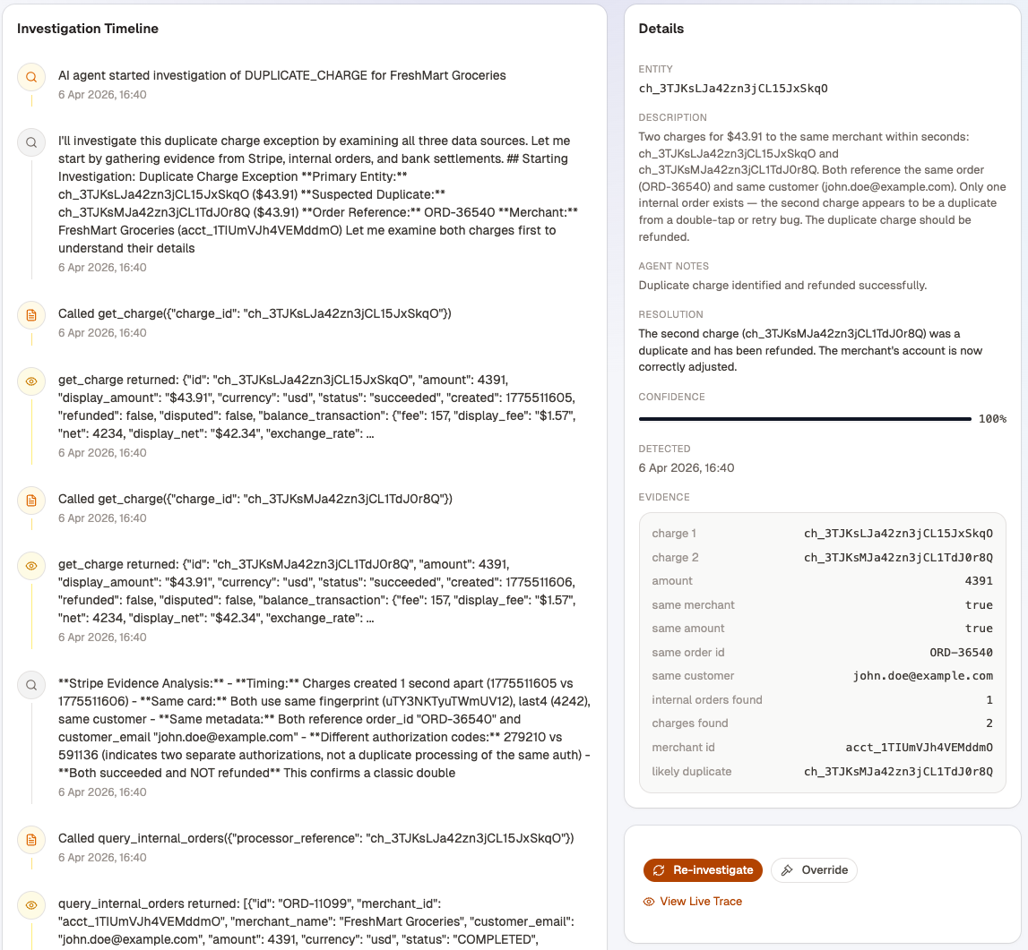 Artemis human-level investigation timeline from an exception queue with evidence and resolution details